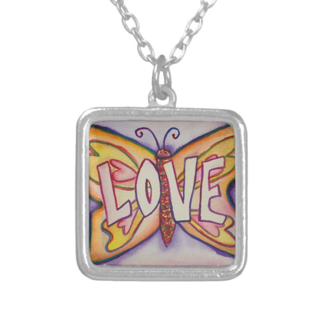 Love Word Pink Butterfly Necklace Art Jewelry (Front)