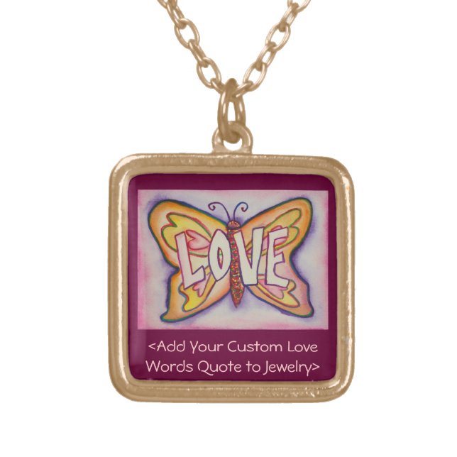 Love Word Pink Butterfly Necklace Art Jewelry (Front)