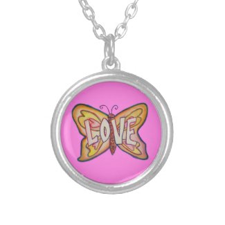 Love Word Pink Butterfly Necklace Art Jewelry