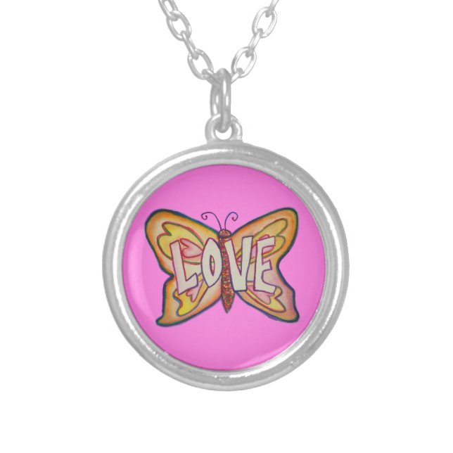 Love Word Pink Butterfly Necklace Art Jewelry (Front)