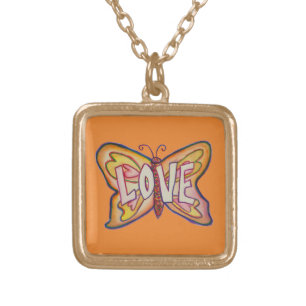 Love Word Pink Butterfly Necklace Art Jewelry
