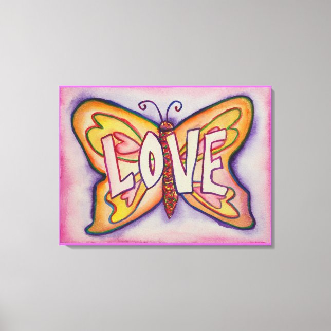 Love Word Pink Butterfly Painting Canvas Artwork Print (Front)