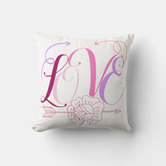 Love Word & Pink Flowers With An Arrow Throw Pillow (Front)