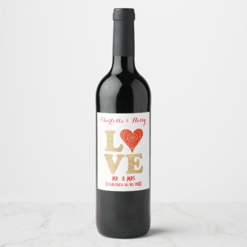 Love Word Red Gold Lacy Heart MrMrs Personalized Wine Label