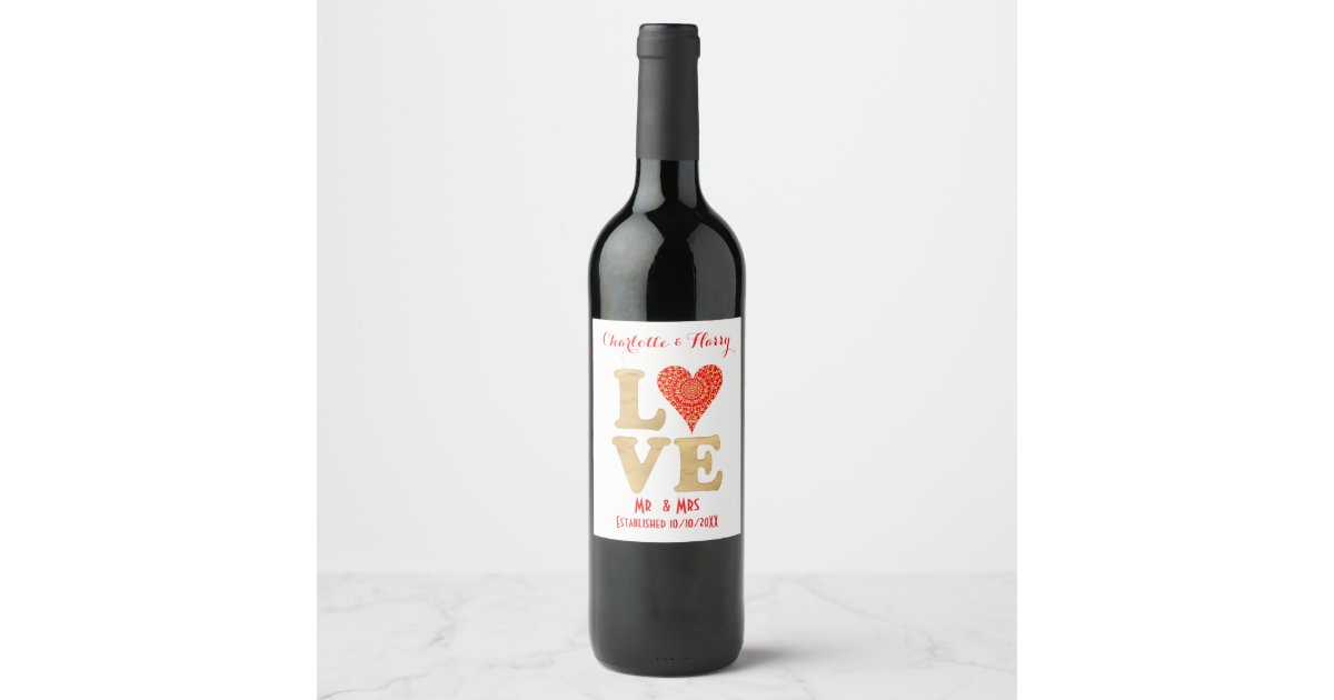 Love Word Red Gold Lacy Heart Mr&Mrs Personalized Wine Label ...