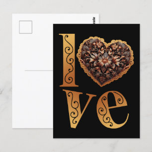 Love word with romantic filigree pink heart postcard