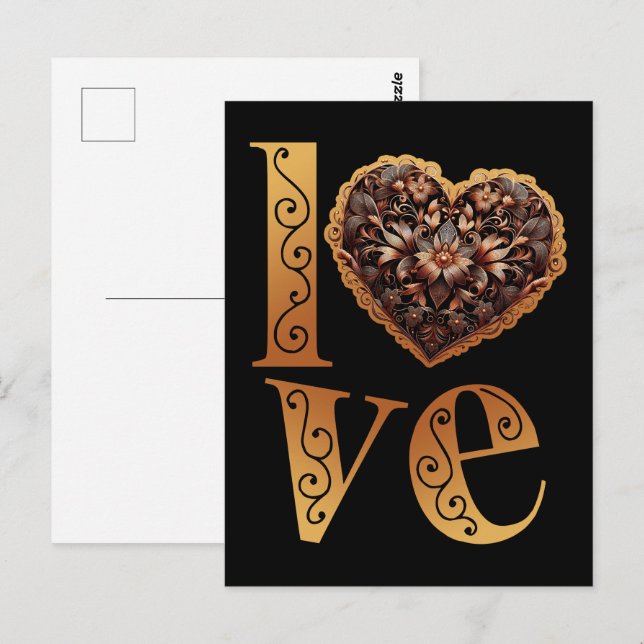 Love word with romantic filigree pink heart postcard (Front/Back)