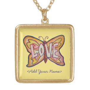 Love Word Yellow Butterfly Custom Name Necklaces