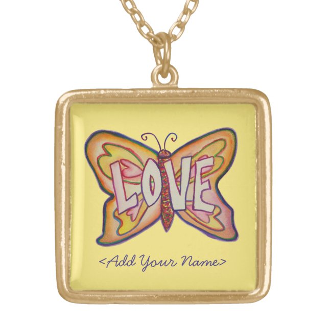Love Word Yellow Butterfly Custom Name Necklaces (Front)