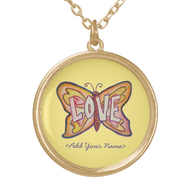 Love Word Yellow Butterfly Custom Name Necklaces (Front)
