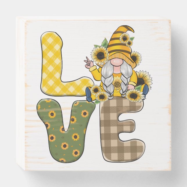 "LOVE" words with Gnomess and Sunflowers Wooden Box Sign (Front Horizontal)