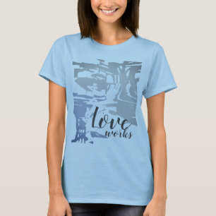 "Love works" Gray Blue Batik-like Island Pattern T T-Shirt