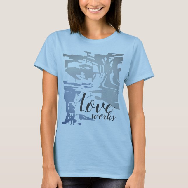 "Love works" Gray Blue Batik-like Island Pattern T T-Shirt (Front)