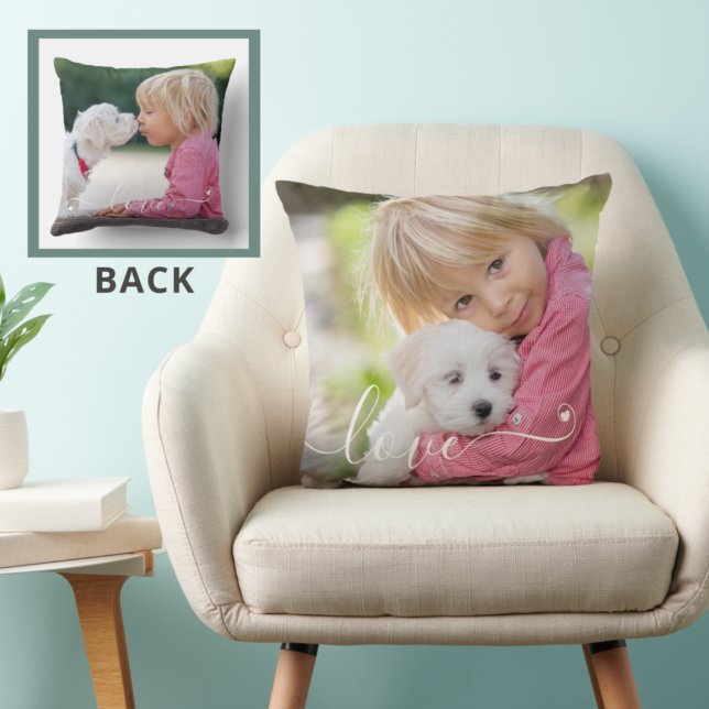 LOVE Writing 1-2 Photo Handwritten Heart Throw Pillow (Creator Uploaded)