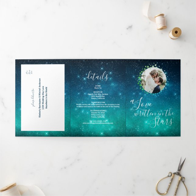 Love Written in Stars Night Sky Celestial Wedding Tri-Fold Invitation (Outside)