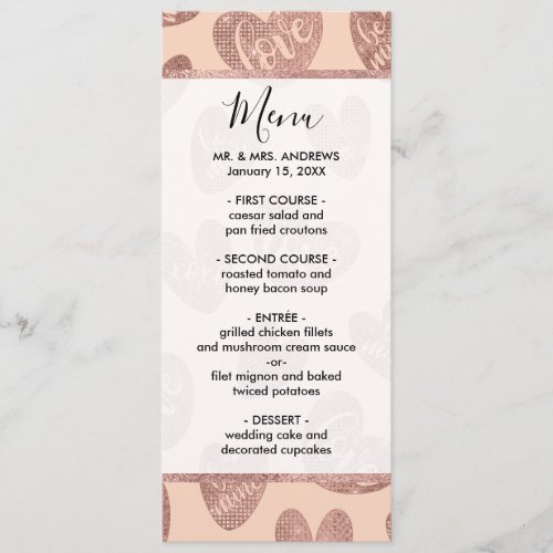 Love XOXO Be Mine Rose Gold Pink Glitter Hearts Menu