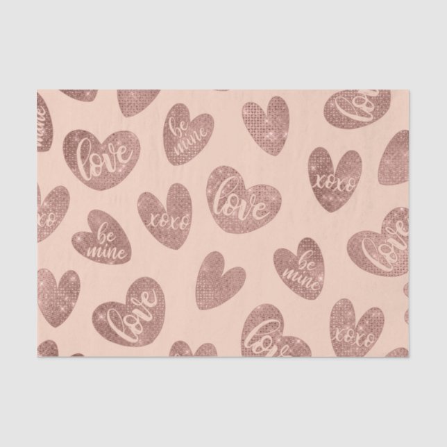 Love XOXO Be Mine Rose Gold Pink Glitter Hearts Tissue Paper (Front)