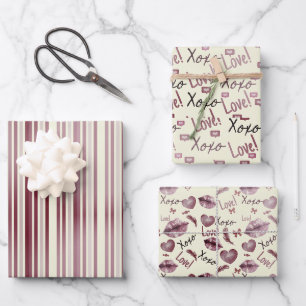 Love Xoxo Heart, lips and stripes pink beige Wrapping Paper Sheets