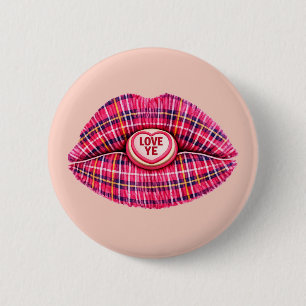 Love Ye Scottish Tartan Kiss Lips Scotland pink Button