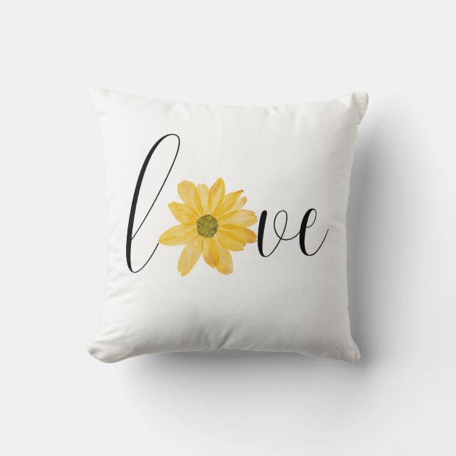 Love Yellow Flower Groovy Hippie Handwriting  Throw Pillow (Front)