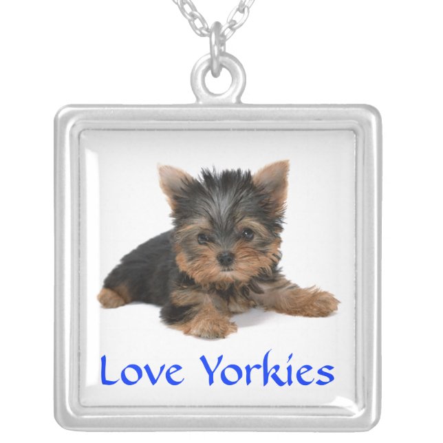 Love Yorkies Puppy Silver Pendant Necklace (Front)