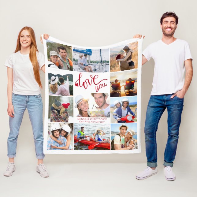 Love You 11 Photo Collage Heart Couple Fleece Blanket (In Situ)