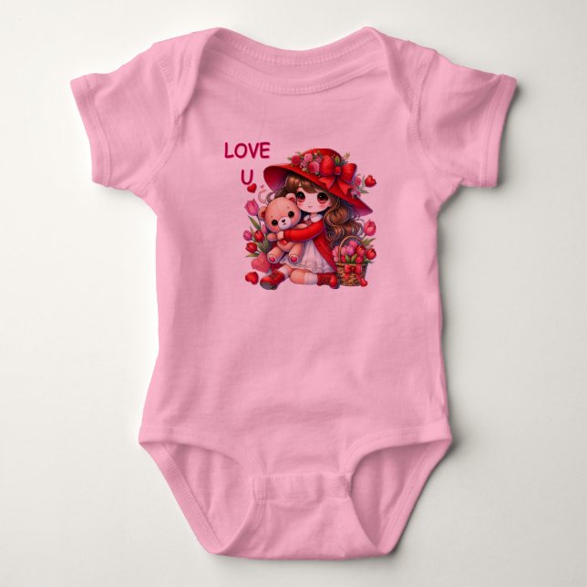 Love You Anime Girl Valentines Day Baby Bodysuit (Front)