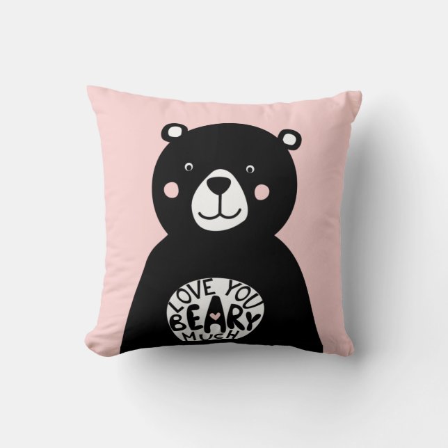 Love you Beary Much Black Bear Lettering Pink Throw Pillow (Front)