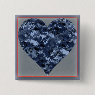 Love You Blue Military Camo Heart Valentine Button