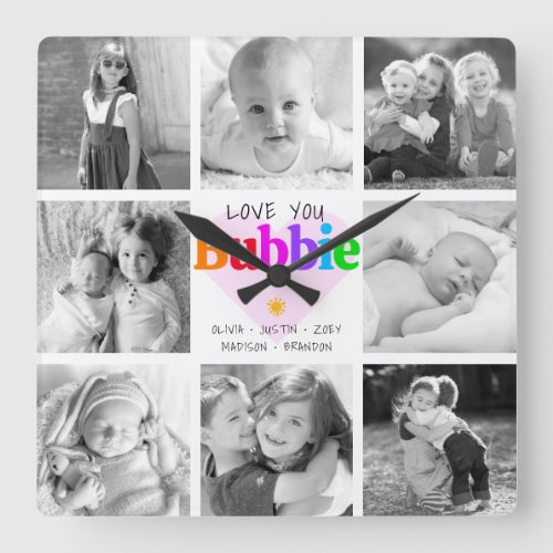 Love You Bubbie Colorful Modern 8 Photo Collage Square Wall Clock