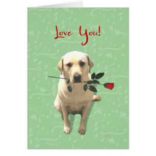 Love You Card, Retriever Dog with Rose, Adorable Cards