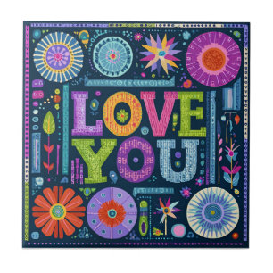 Love You, colorful vintage design, Ceramic Tile
