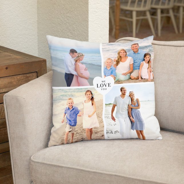 Love You Custom Heart 4 Photo Collage Throw Pillow (Creator Uploaded)