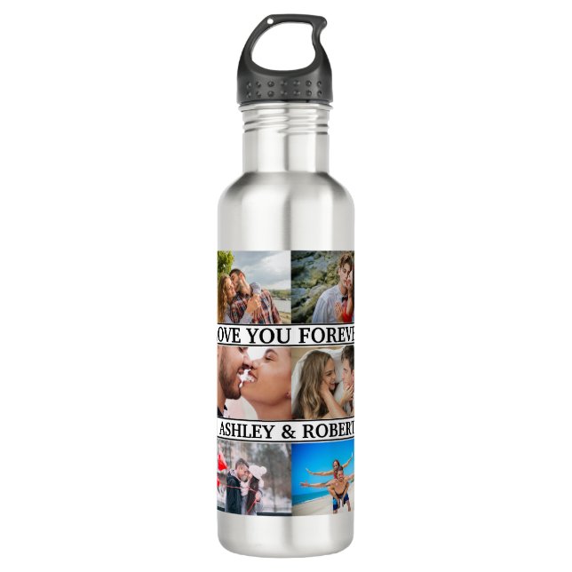 Love You Custom Names 12 Photo Collage Couples Stainless Steel Water Bottle (Front)