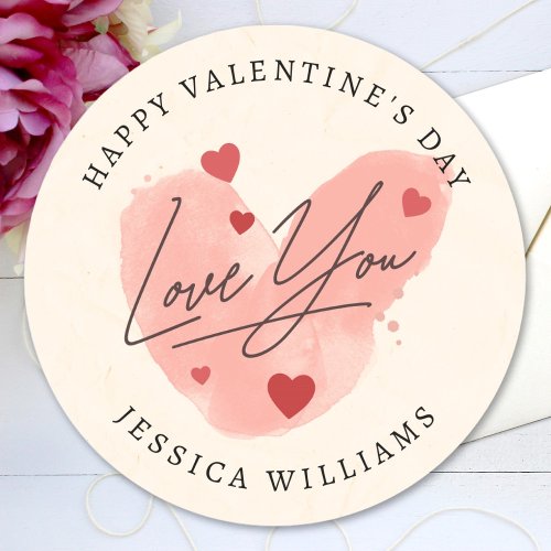 Love You Custom Text Name Watercolor Red Hearts Classic Round Sticker