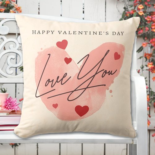 Love You Custom Text Names Watercolor Red Hearts Throw Pillow