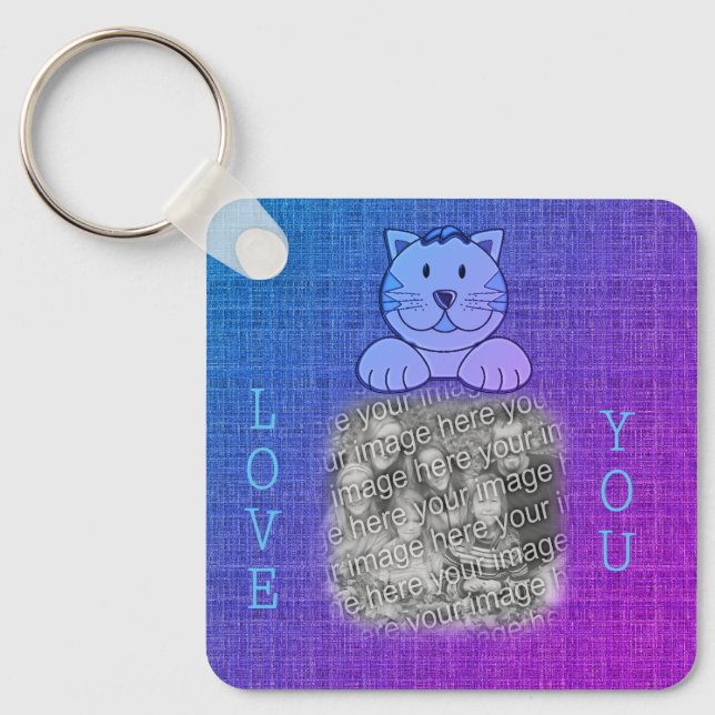 Love You Cute Blue Cat Your Photo Keychain (Front)