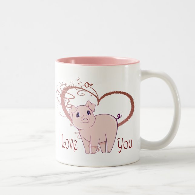 Love You, Cute Pink Pig and Swirl Heart Two-Tone Coffee Mug (Right)