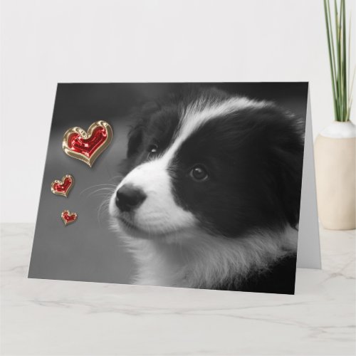Love You Cute Puppy Red Gold Hearts Card