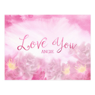 Love You Dark Pink Roses Watercolor Background Postcard