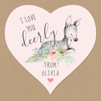Love You Deerly Kids Valentine's Day Party Favor Heart Sticker by rileyandzoe at Zazzle