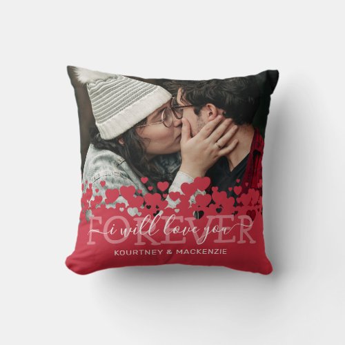 Love You Forever Couple Photo Throw Pillow - Cute couple picture pillow featuring a photo of you and your partner, a modern red love heart design, the saying "i will love you forever", and your names.