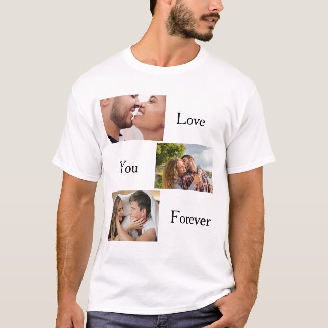 Love You Forever Custom 3 Photo and Name Couples T-Shirt (Front)
