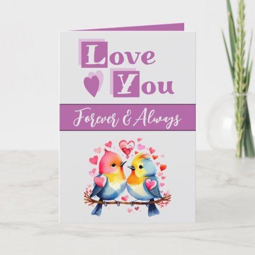 Love you forever cute birds purple Valentine Card