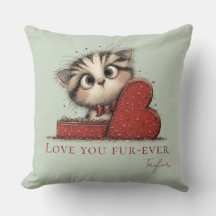 Love You Fur-Ever Cute Cat Sage Green Throw Pillow