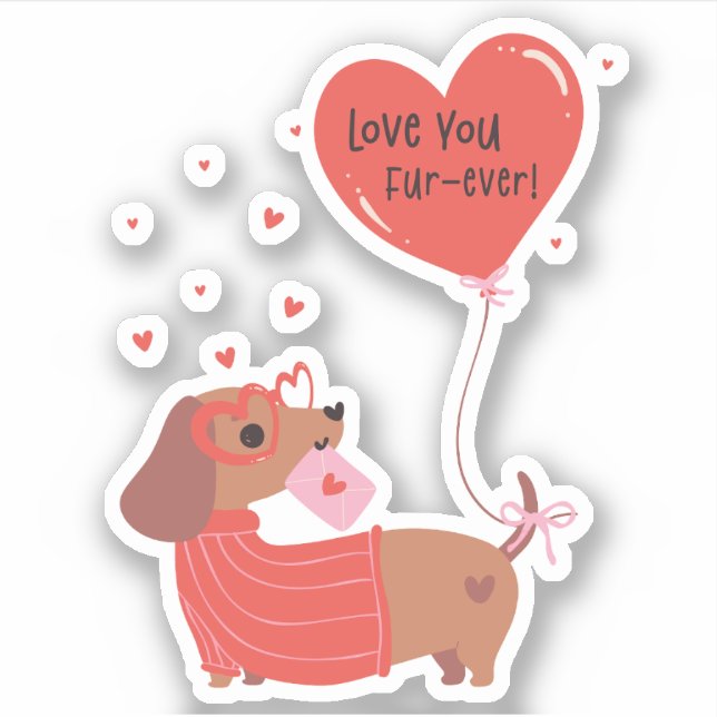 Love You Fur-Ever Cute Dachshund Dog Red Heart Sticker (Front)