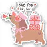 Love You Fur-Ever Cute French Dachshund Dog Sticker<br><div class="desc">Love You Fur-Ever Cute French Dachshund Dog Stickers features a cute Dachshund dog wearing heart shaped glasses, pink beret and bow holding a flower and carrying gifts with the text "Love you fur-ever" in modern script typography. Accented with cute red love hearts. Perfect gift for girlfriend, sweetheart, wife, dog lover...</div>