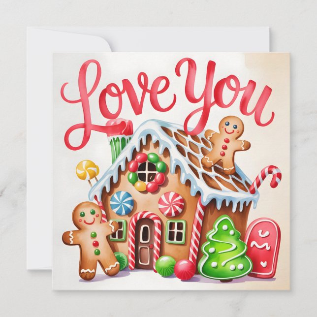"Love You" Gingerbread House Illustration Card (Front)