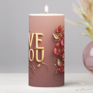 Love You Gold Letters With Red Floral Pearl Pillar Candle