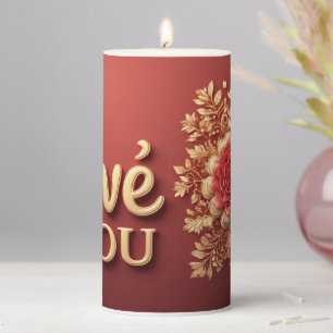 Love You Gold Letters With Red Floral Pearl Pillar Candle